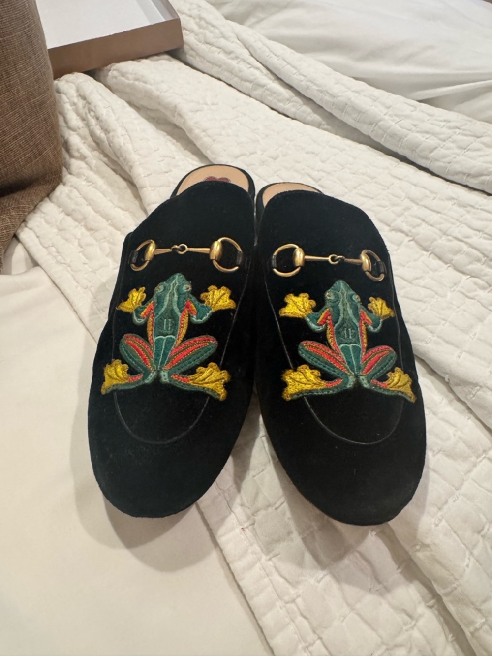 Gucci Black Velvet Frog-Embroidered Horsebit Mules